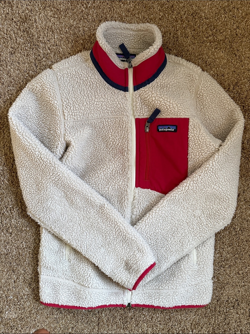 Patagonia Cream Sherpa Jacket with Red Chest Pocket